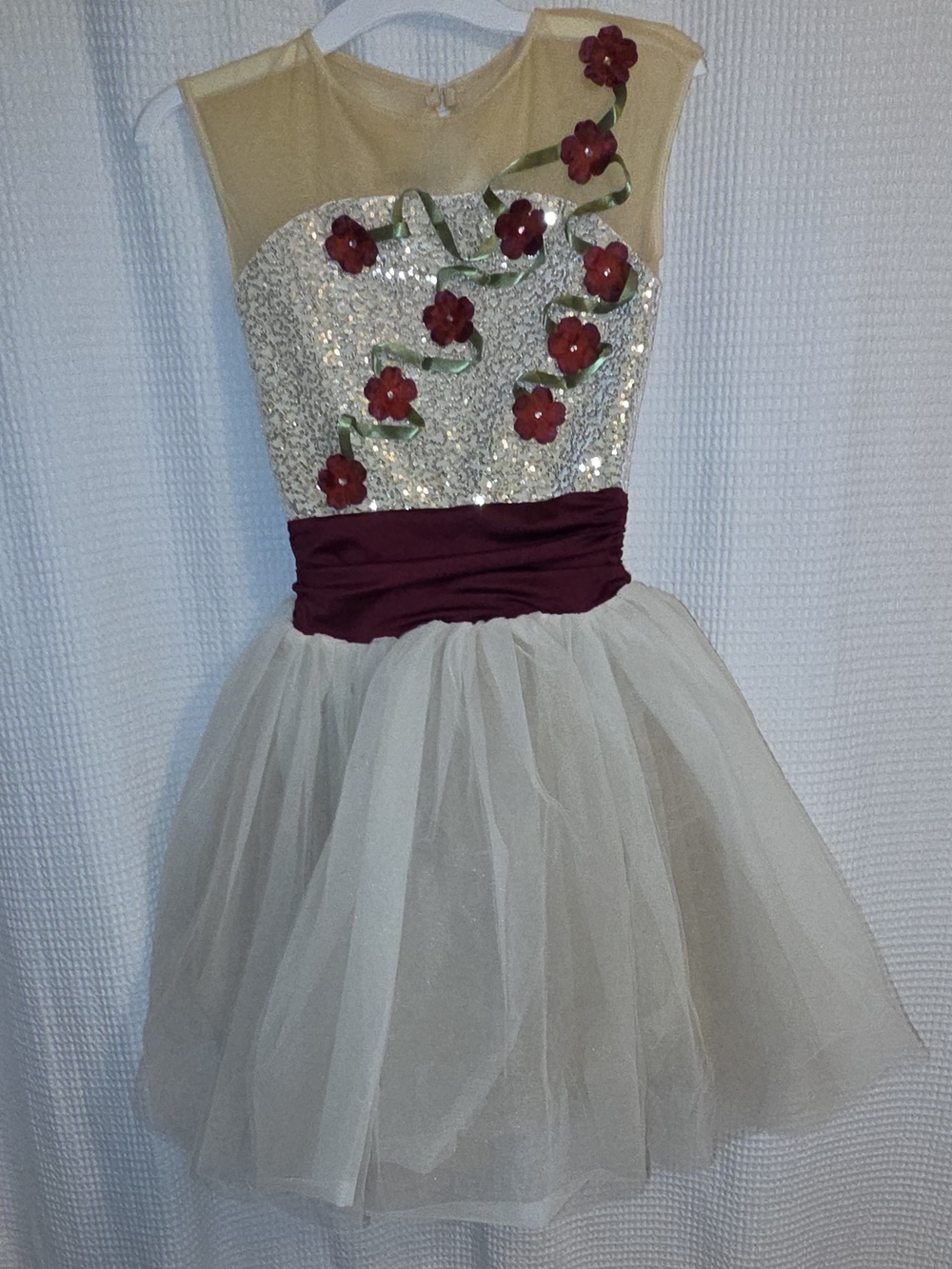 Weissman Cream Tulle Dress with Burgundy Floral Appliqués Small Adult